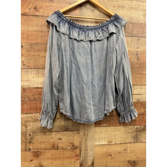 Chambray Denim Ruffle Long Sleeve Blouse size small - Picture 7 of 9